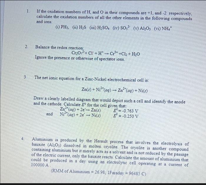 Solved 1. If the oxidation numbers of H, and O in their | Chegg.com