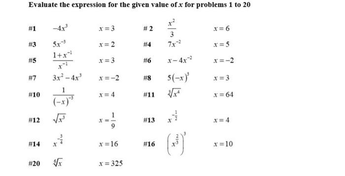 Solved Evaluate the expression for the given value of x for | Chegg.com