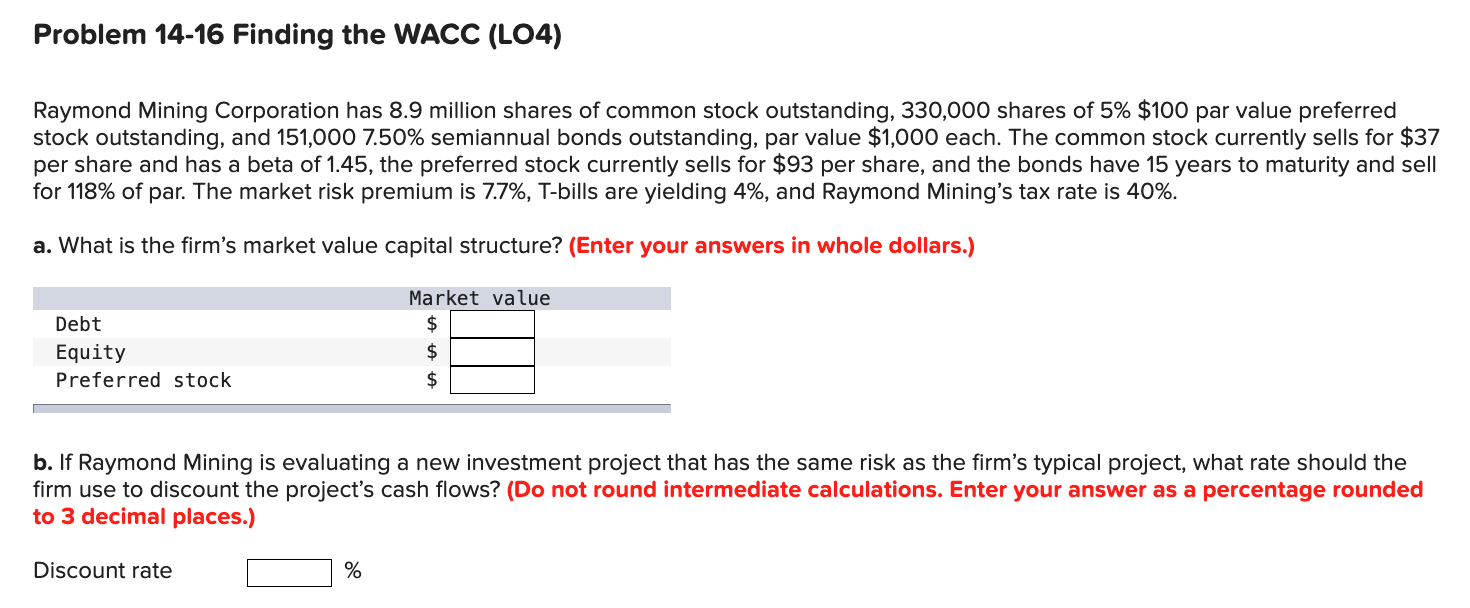 Solved Problem 14-16 ﻿Finding the WACC (LO4)Raymond Mining | Chegg.com