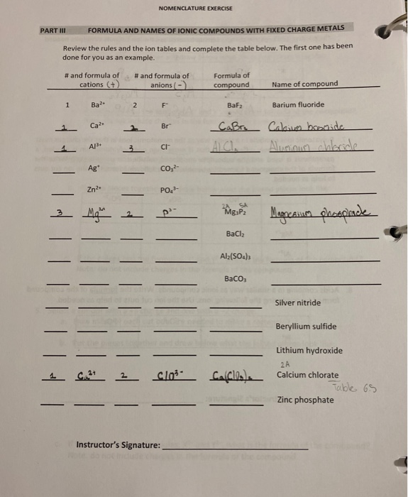 Solved NOMENCLATURE EXERCISE PART III FORMULA AND NAMES OF | Chegg.com