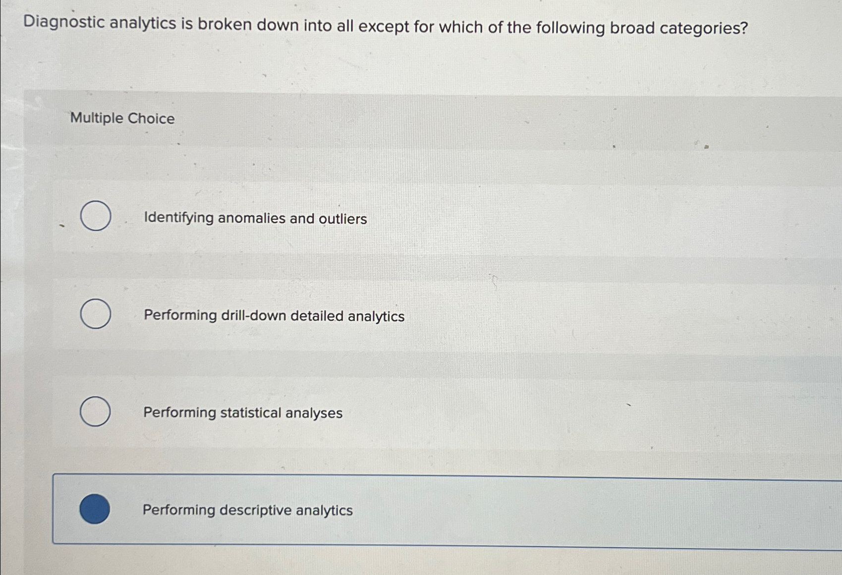 Solved Diagnostic analytics is broken down into all except | Chegg.com