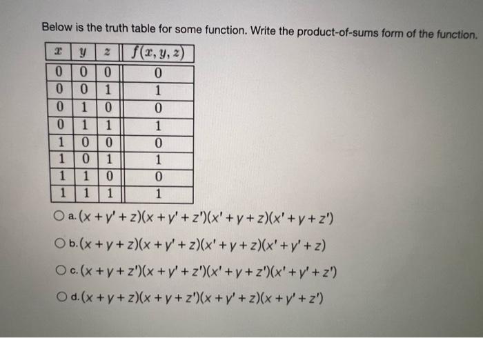 Below is the truth table for some function. Write the product-of-sums form of the function. 2 y 2 | f(x, y, 2) 0 0 0 0 0 0 1