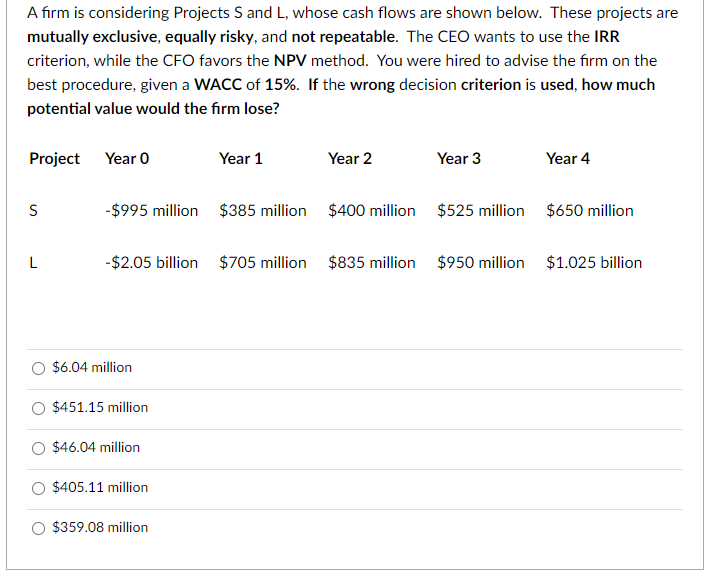 Solved A firm is considering Projects S ﻿and L, ﻿whose cash | Chegg.com