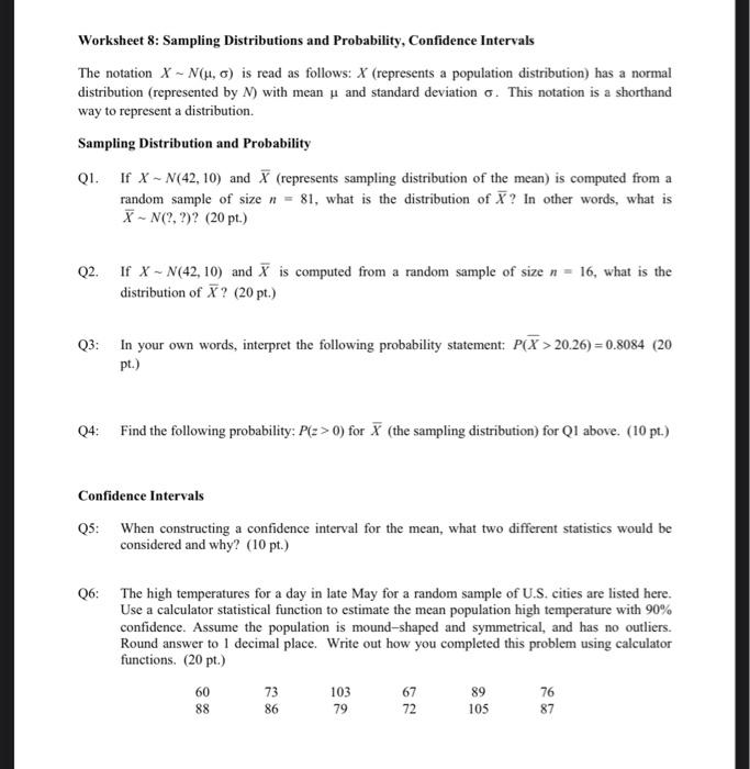 Solved Worksheet 8: Sampling Distributions and Probability, | Chegg.com