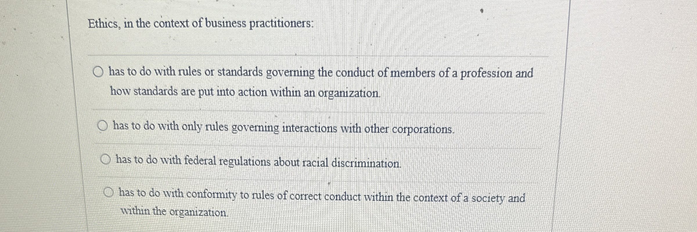 Ethics, in the context of business practitioners:has | Chegg.com