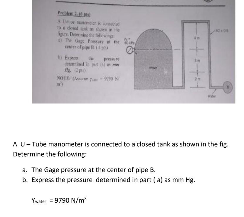 Solved I'roblem 2. 16 pla) A U-tube manometer is comported | Chegg.com