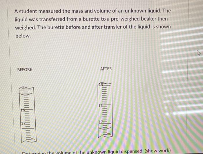 A student measured the mass and volume of an unknown liquid. The
liquid was transferred from a burette to a pre-weighed beake