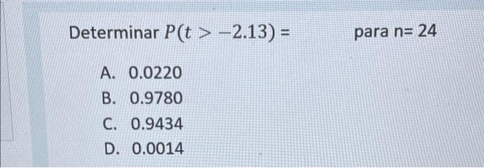 Determinar P(t> -2.13) = A. 0.0220 B. 0.9780 C. 0.9434 D. 0.0014 para n= 24