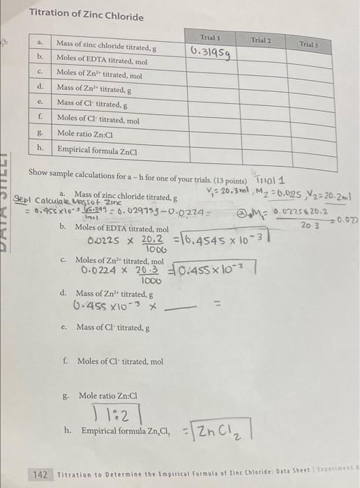 Solved Titration of Zinc Chloride Trial 1 Trial 2 Trial