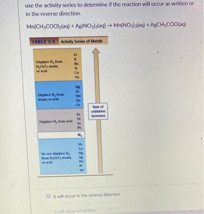Solved use the activity series to determine if the reaction | Chegg.com