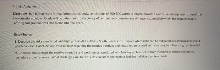 Protein Assignment Directions In A Formal Essay Chegg Com