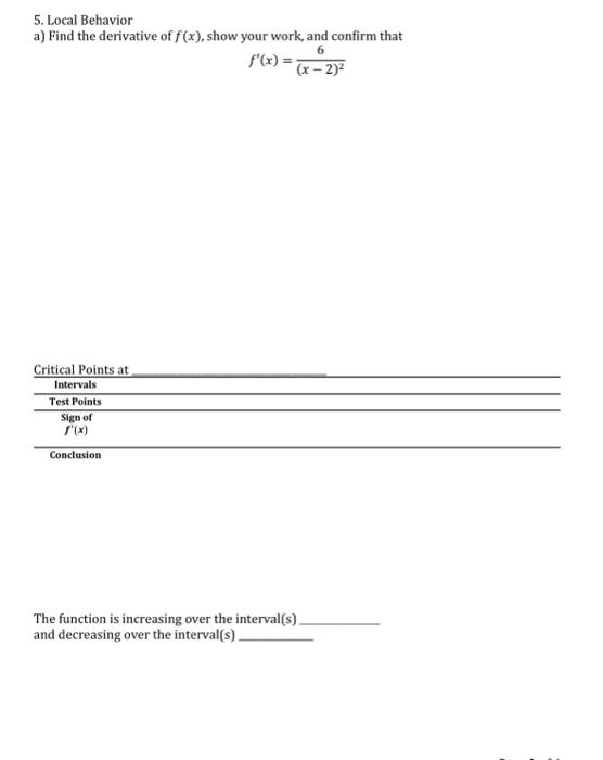 Solved 5. Local Behavior a) Find the derivative of f(x), | Chegg.com