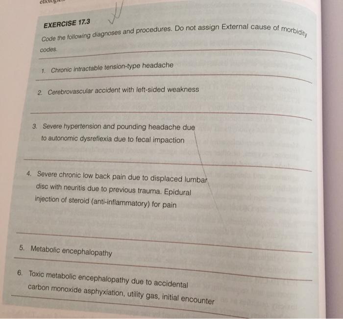 eli EXERCISE 17.3 Code the following diagnoses and procedures. Do not assign External cause of morbidity codes 1. Chronic int