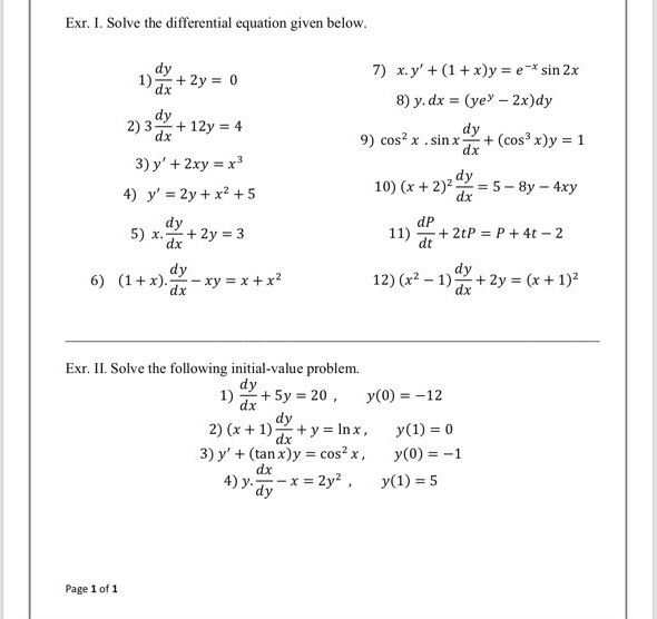 Exr I Solve The Differential Equation Given Below Chegg Com