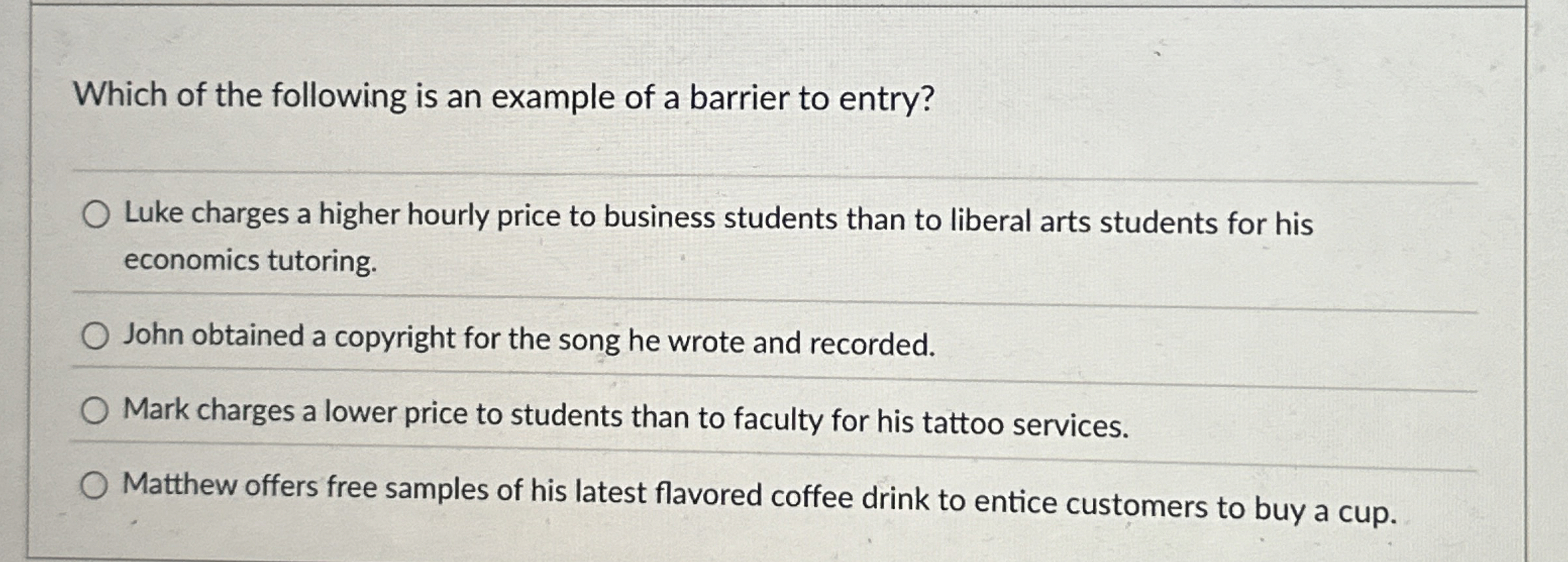 Which of the following is an example of a barrier to