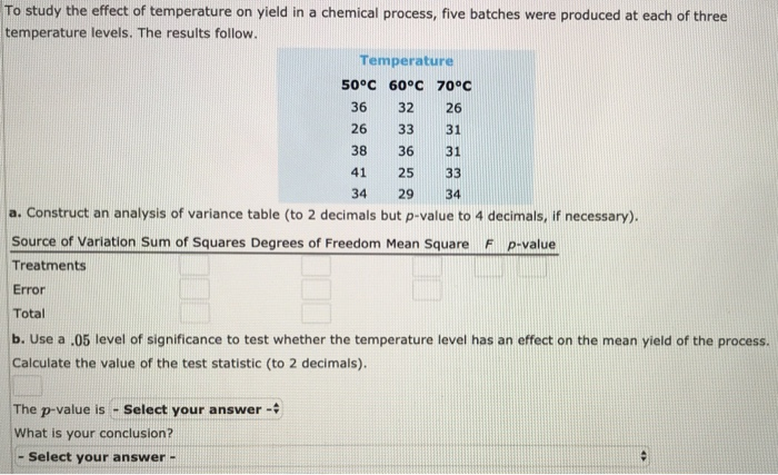 Solved To study the effect of temperature on yield in a | Chegg.com