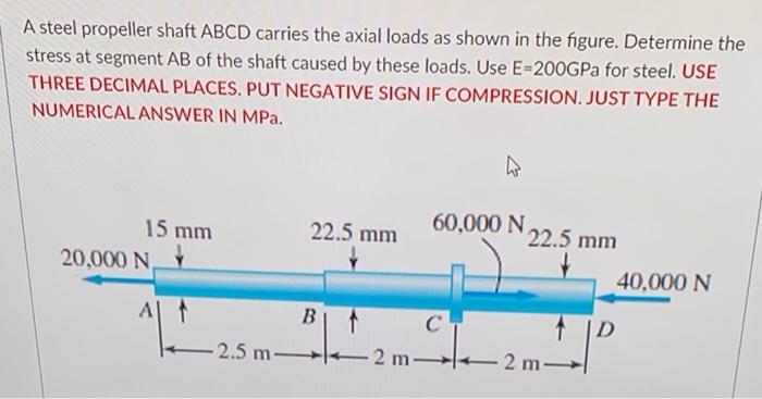 Solved A steel propeller shaft ABCD carries the axial loads | Chegg.com