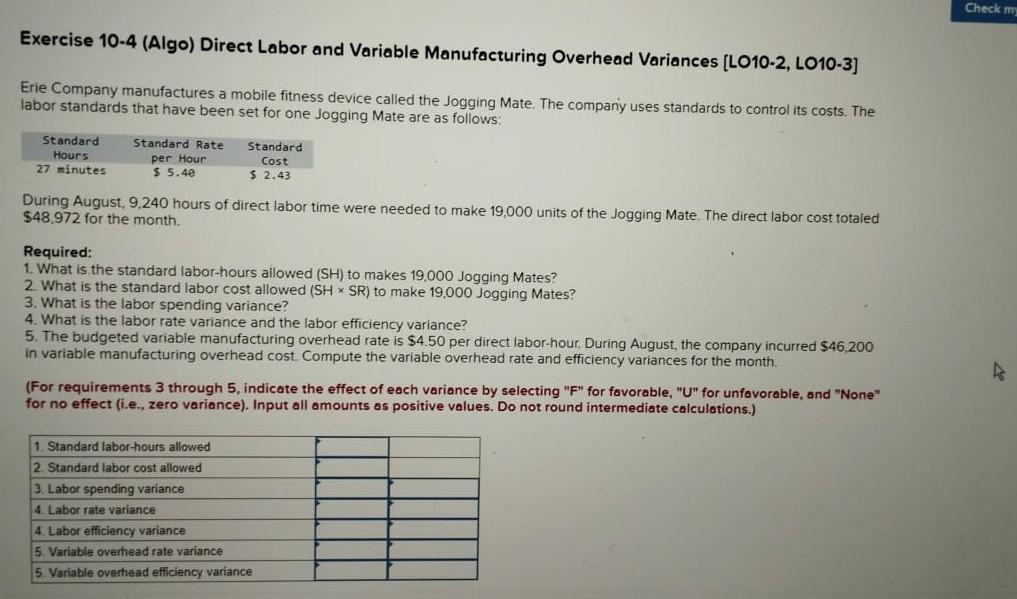 Solved Exercise 10-4 (Algo) Direct Labor and Variable | Chegg.com