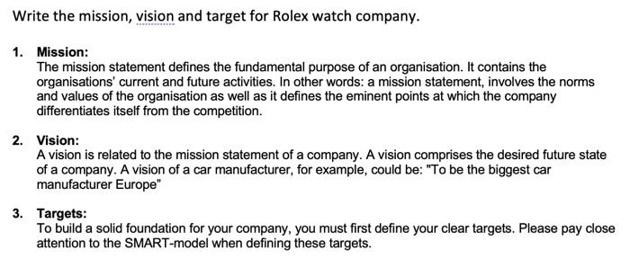 Solved Write the mission vision and target for Rolex watch