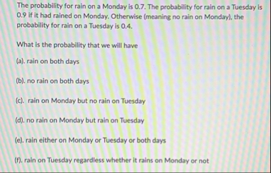 Solved The probability for rain on a Monday is 0.7 . ﻿The | Chegg.com