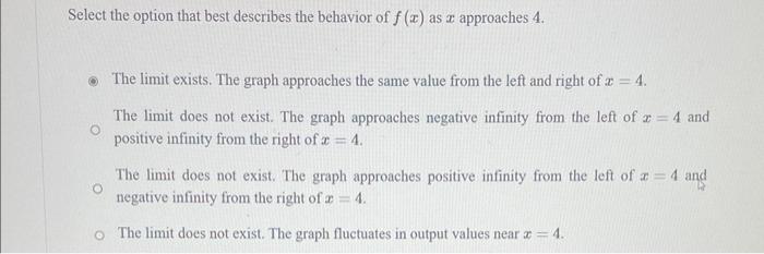 Select the option that best describes the behavior of \( f(x) \) as \( x \) approaches 4 .
The limit exists. The graph approa