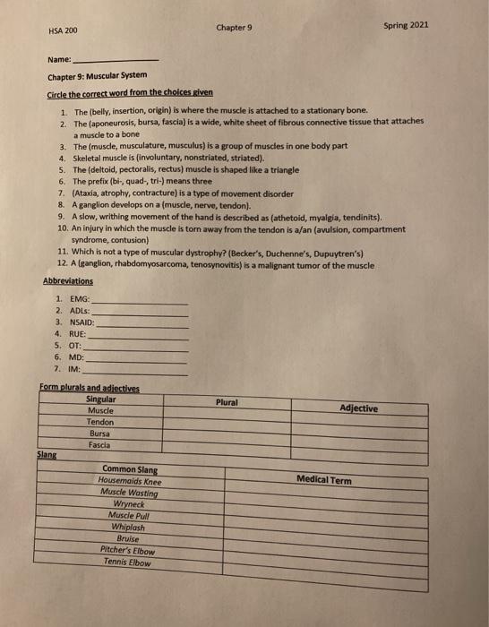 HSA 200 Chapter 9 Spring 2021 Name: Chapter 9: Muscular System Circle the correct word from the choices given 1. The belly, i