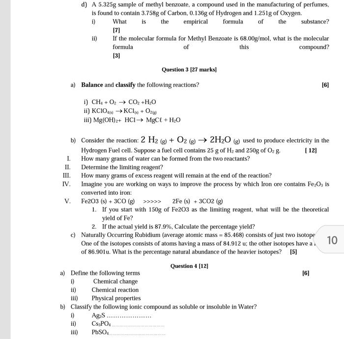 Solved the d) A 5.325g sample of methyl benzoate, a compound | Chegg.com