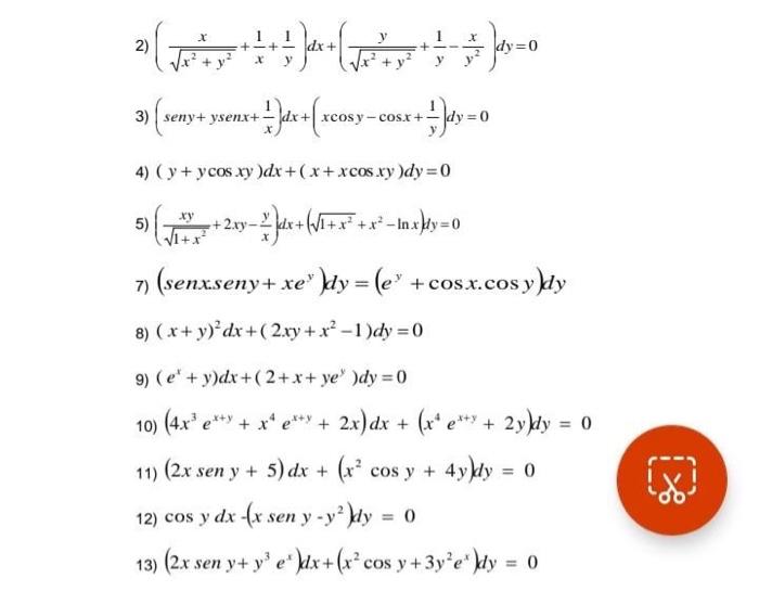 Solved 2) (x2+y2x+x1+y1)dx+(x2+y2y+y1−y2x)dy=0 3) | Chegg.com