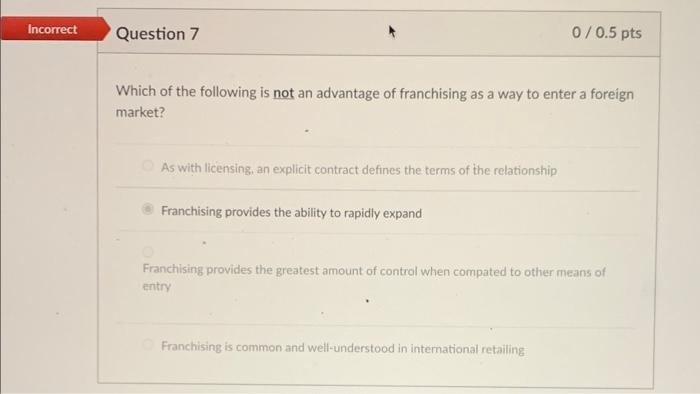Solved Incorrect Question 7 0/0.5 pts Which of the following | Chegg.com