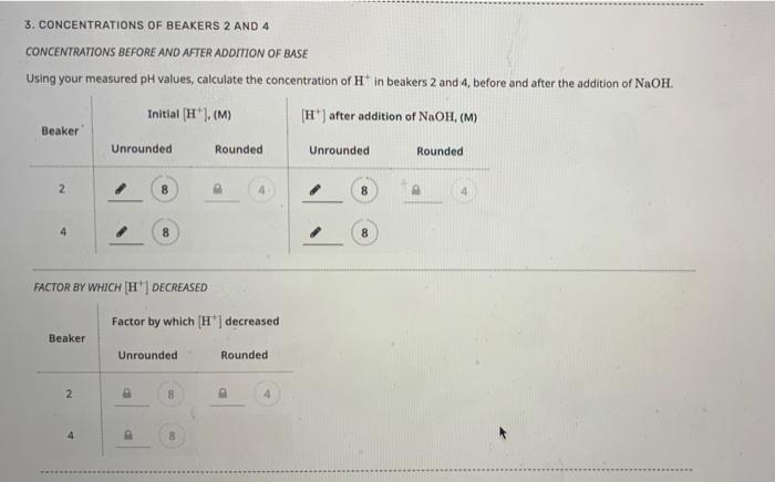 3. CONCENTRATIONS OF BEAKERS 2 AND 4
CONCENTRATIONS BEFORE AND AFTER ADDITION OF BASE
Using your measured pH values, calculat