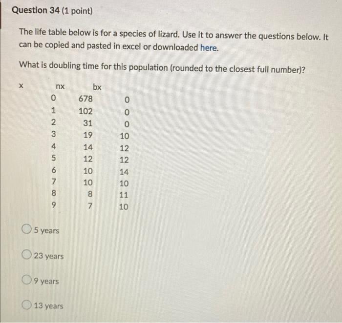 Solved Question 34 (1 point) The life table below is for a | Chegg.com