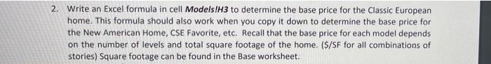 Solved 2. Write an Excel formula in cell Models!H3 to | Chegg.com