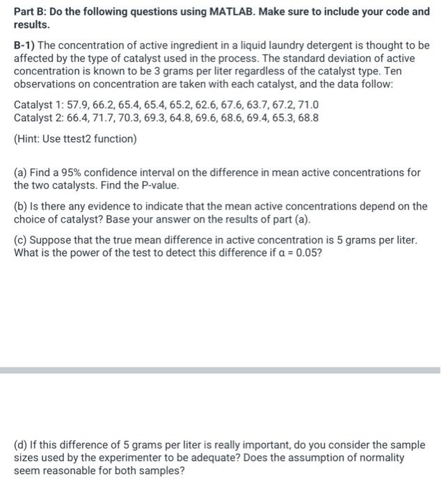 Solved Part B: Do The Following Questions Using MATLAB. Make | Chegg.com