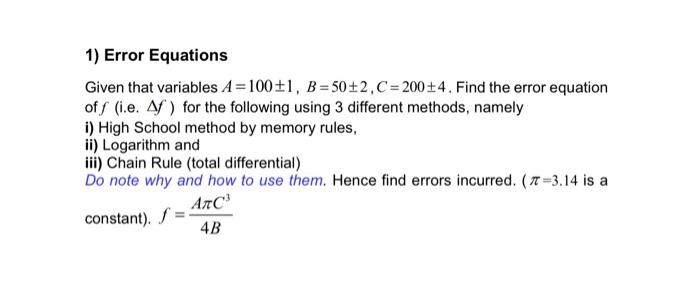 Solved 1) Error Equations Given that variables | Chegg.com