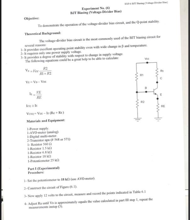 Solved EXPS BITVDivider Experiment No. (6) BJT Biasing