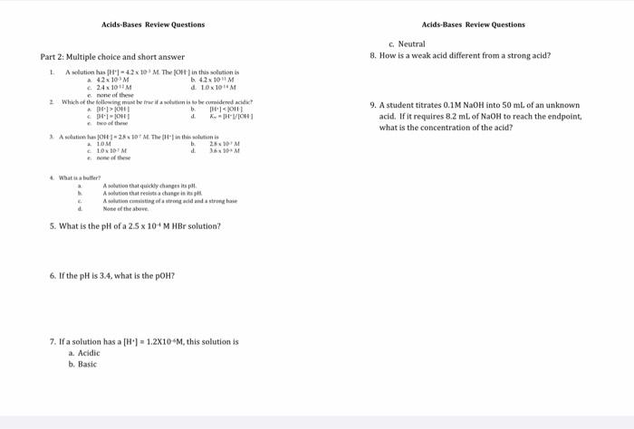 Solved Acids-Bases Review Questions Part 1: Matching 1. | Chegg.com