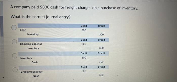 Solved A company paid $300 cash for freight charges on a | Chegg.com