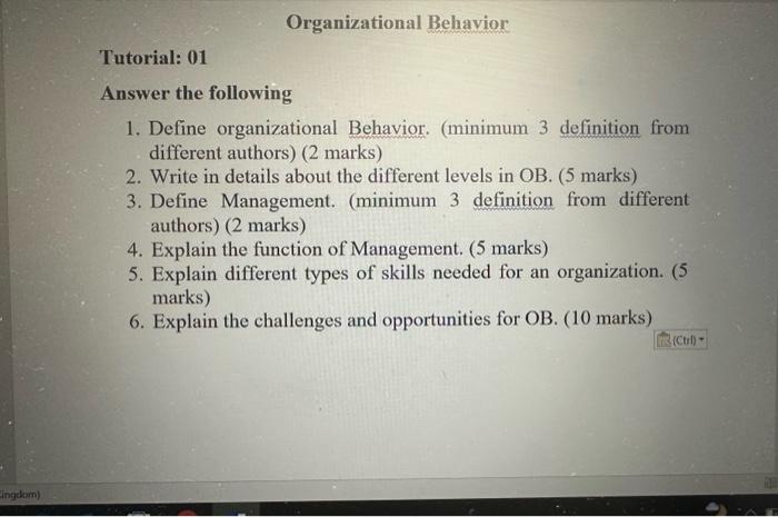 Solved Organizational Behavior Tutorial: 01 Answer The | Chegg.com