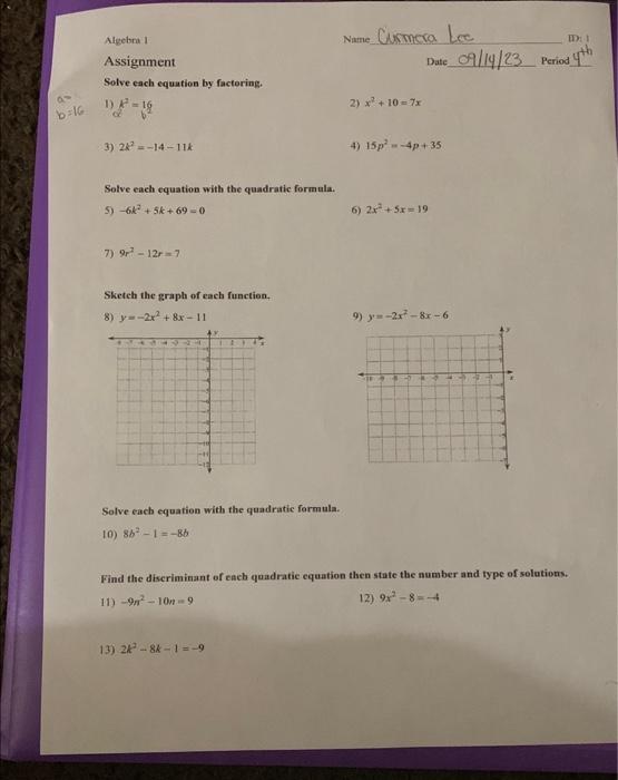 algebra 1 assignment solve each equation