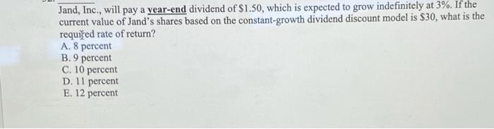 Solved Jand, Inc., will pay a year-end dividend of $1.50, | Chegg.com