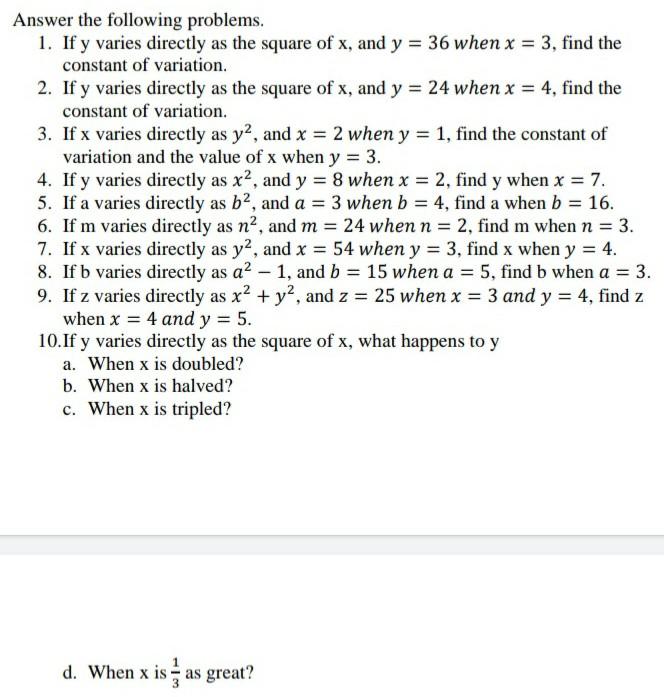 Solved TOPIC : DIRECT SQUARE VARIATION please answer all. of | Chegg.com