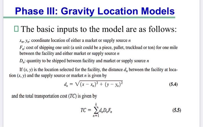 Solved Phase III: Gravity Location Models The basic inputs | Chegg.com