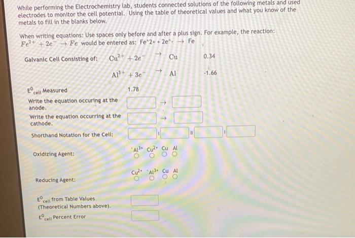 Solved While performing the Electrochemistry lab, students | Chegg.com