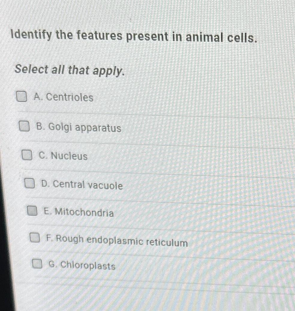 Solved Identify the features present in animal cells.Select | Chegg.com