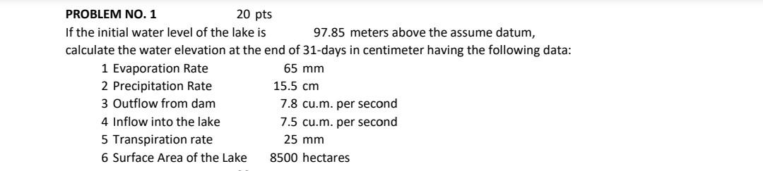 Solved 20 pts PROBLEM NO. 1 If the initial water level of | Chegg.com