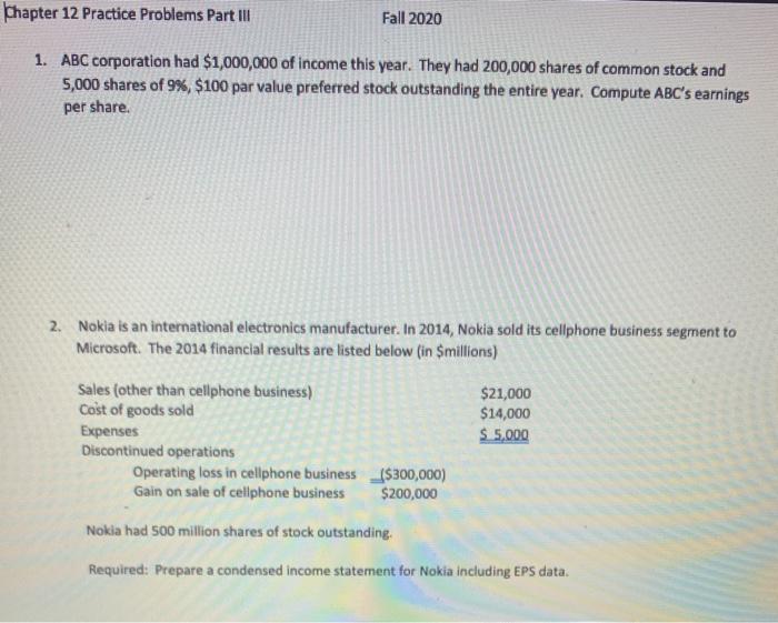 Solved Chapter 12 Practice Problems Part III Fall 2020 1. | Chegg.com