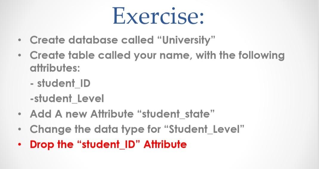 Solved Exercise: . Create database called “University" | Chegg.com