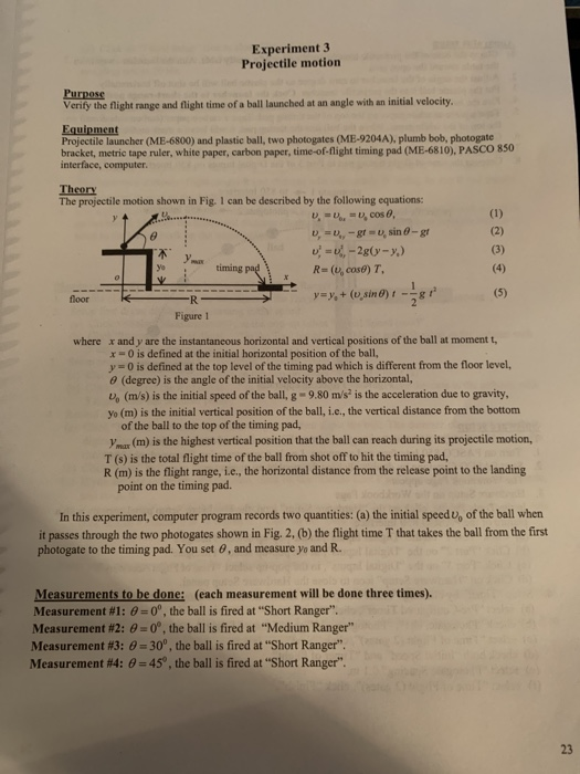 Solved Experiment 3 Projectile motion Purpose Verify the | Chegg.com