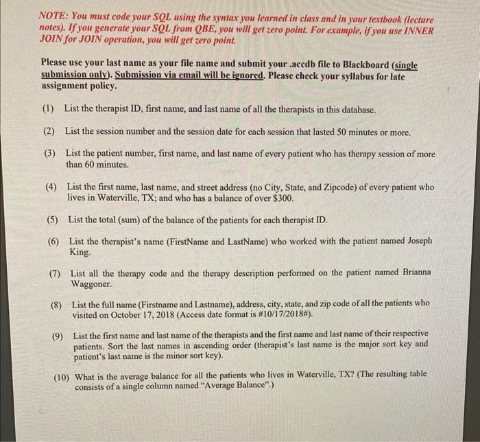 NOTE: You must code your SQL using the syntax you | Chegg.com