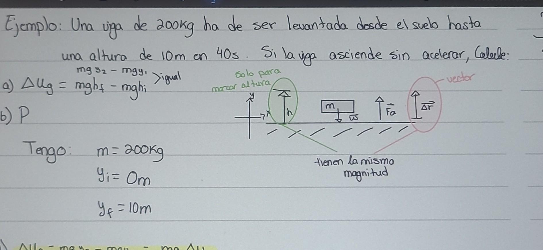 Ejemplo: Una uiga de \( 200 \mathrm{~kg} \) ha de ser levantada desde el suelo hasta una altura de \( 10 \mathrm{~m} \) en \(